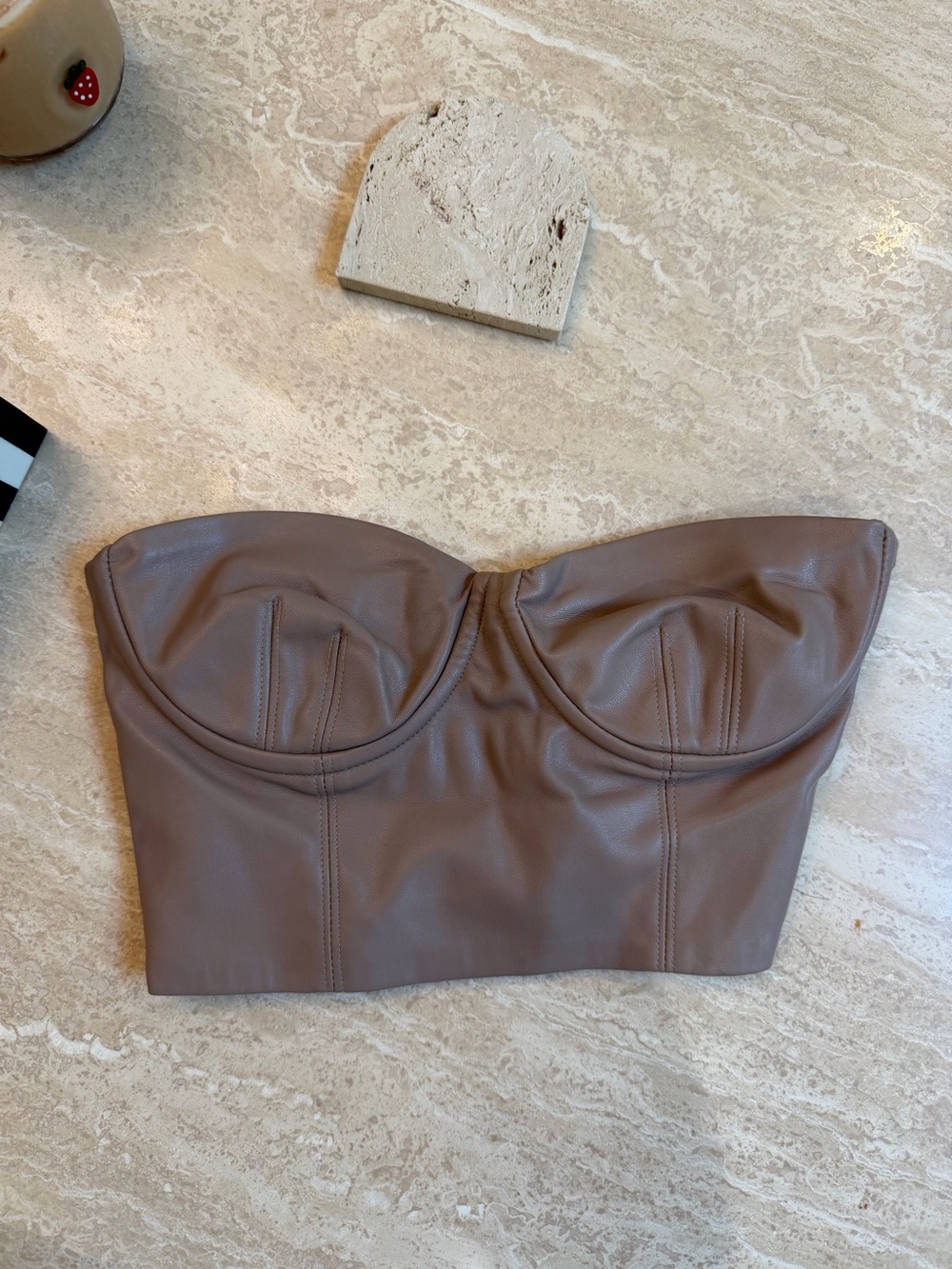 Zara Faux Leather Strapless Bustier Crop Top - Taupe